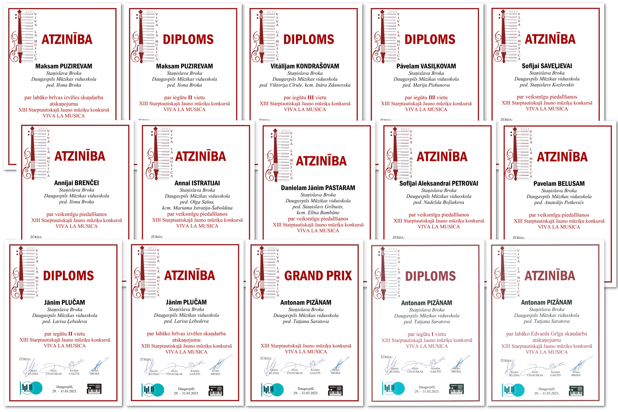 konkursa VIVA LA MUSICA laureātu diplomi