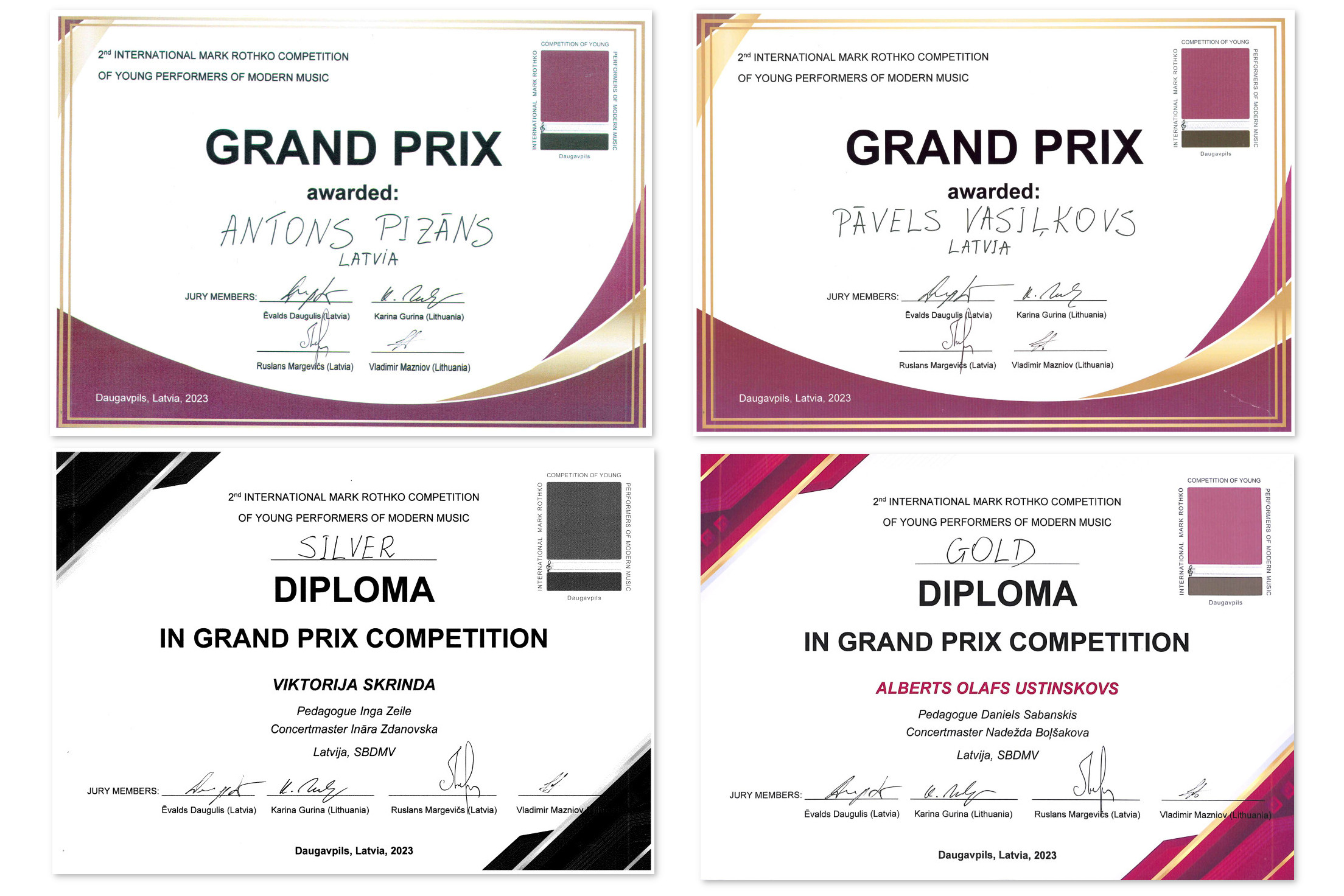 II Starptautiskā Marka Rotko Mūsdienu mūzikas jauno izpildītāju konkursa laureātu diplomi